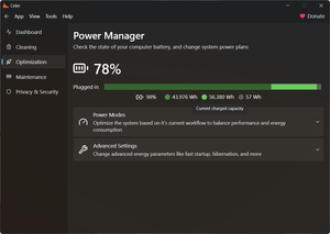 Power manager module showing status of the battery and switching power plans