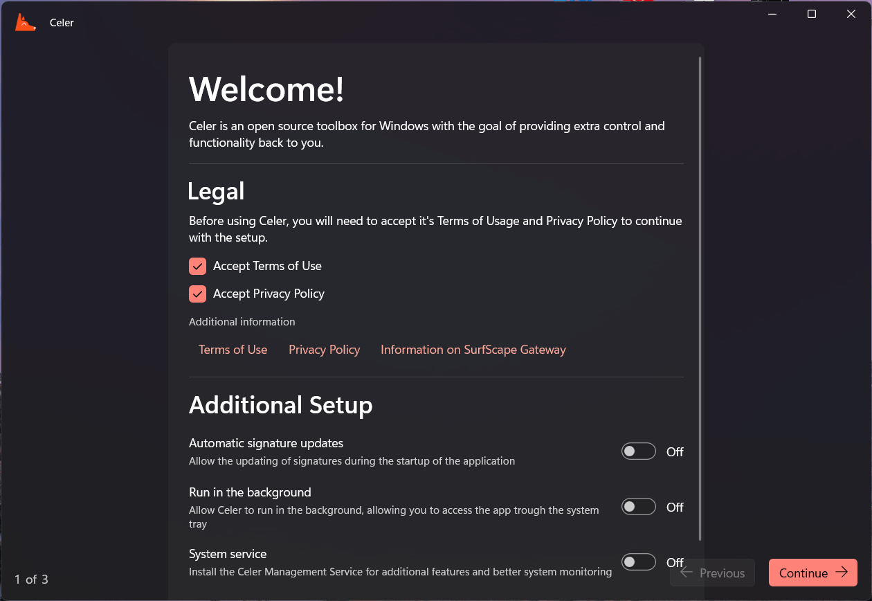 Screenshot of the first page of Celer's new onboarding process in WinUI 3