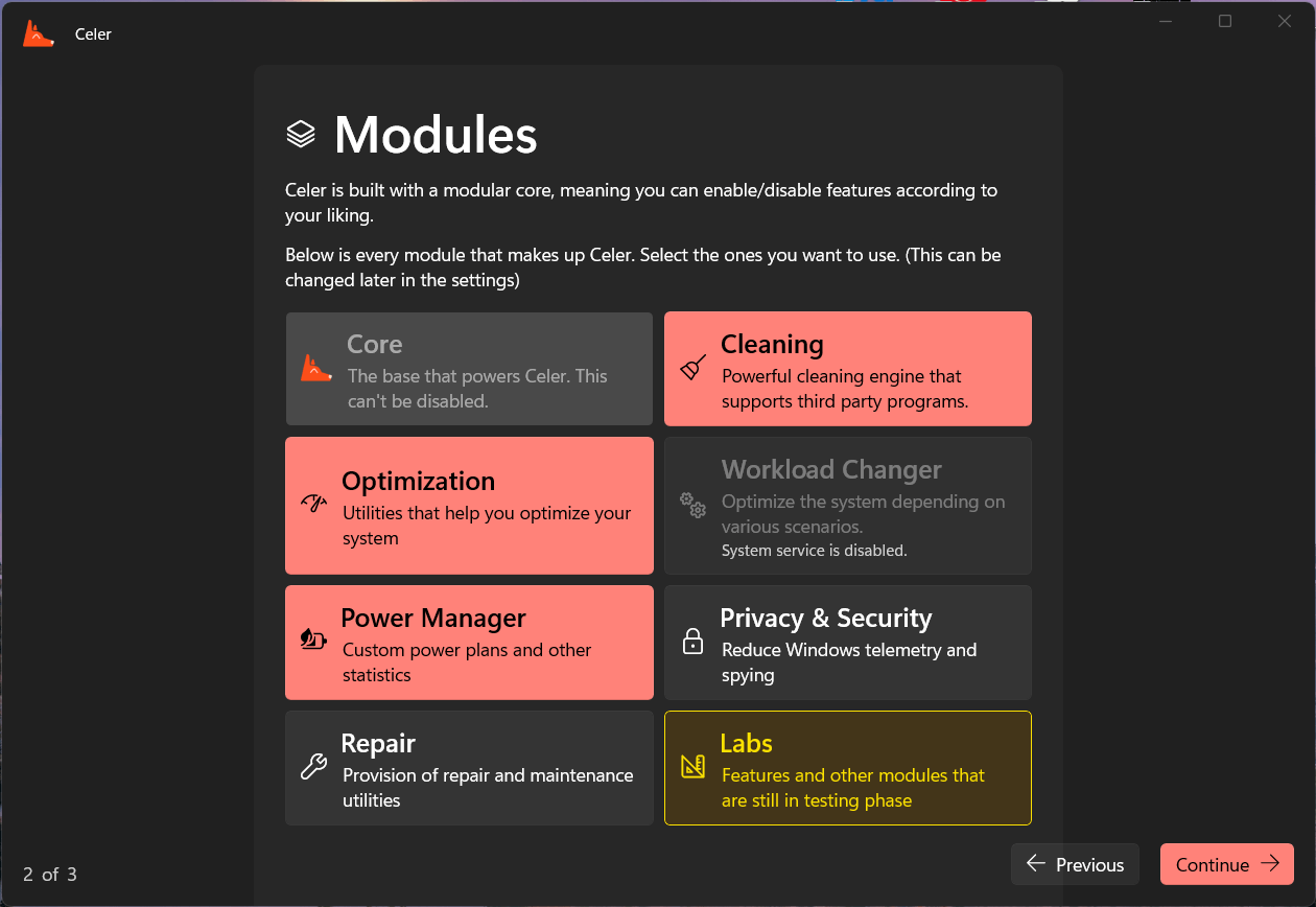Screenshot of the second page of Celer's new onboarding process in WinUI 3